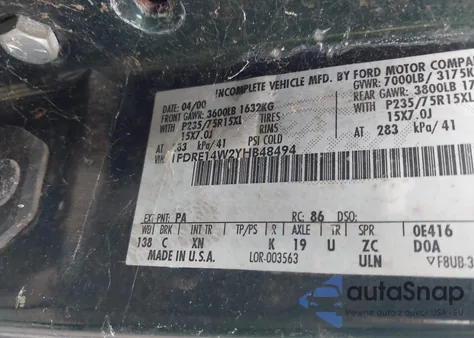 2000 Ford E-150 Recreational из США, поврежденный, VIN 1FDRE14W2YHB48494